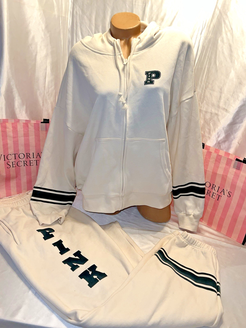 Victorias Secret Pink Hoodie & Sweatpants Green Velvet Logo XL Last Set
